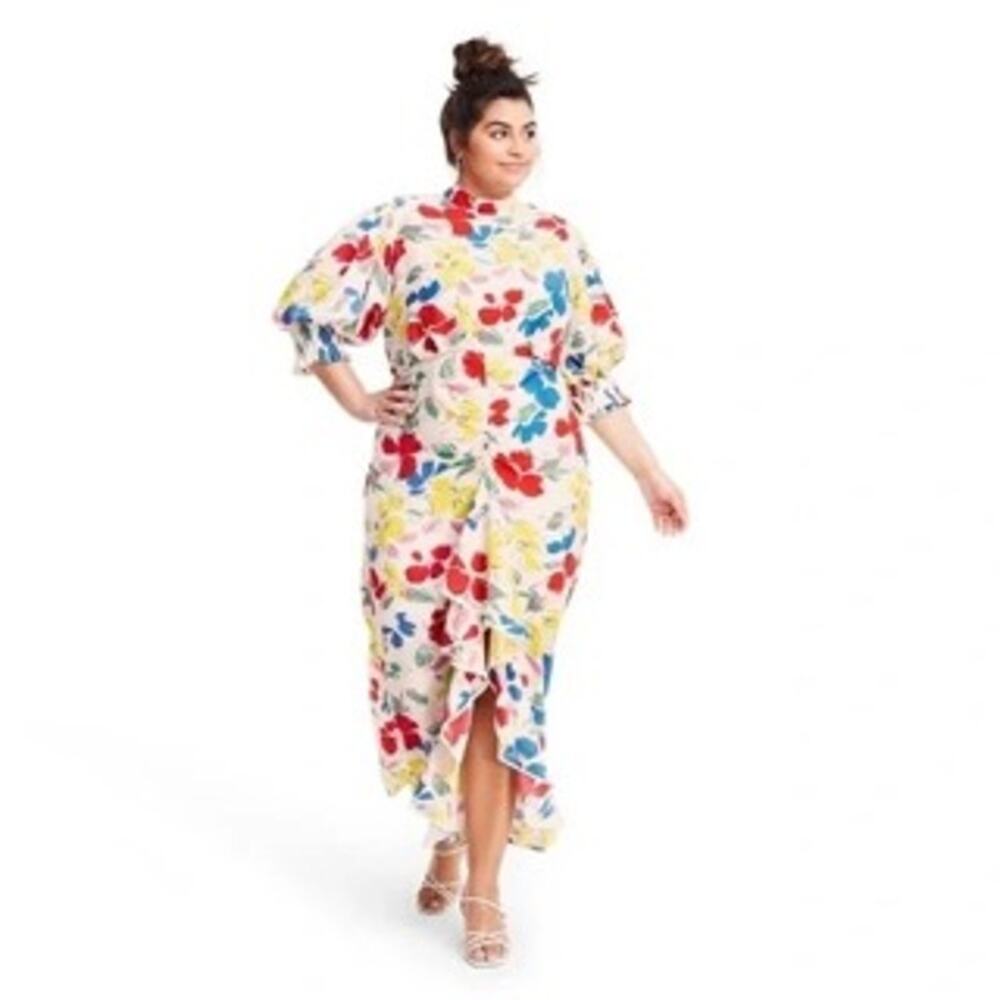 NWT RIXO Target 20W/22W Cream Floral Mock Neck Cascade Ruffle Dress Garden Party